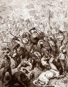 Miguel de Cervantes'in (1547-1616) "The Ingenieux Hidalgo Don Quixotte de la Manche (Quixotte - Quijote)" adlı eseri için Gustave Dore'nin (1832-1883) Yanguas Gravüründe katırcılarla mücadele (1547-1616) 1863 Özel koleksiyon by Gustave Dore