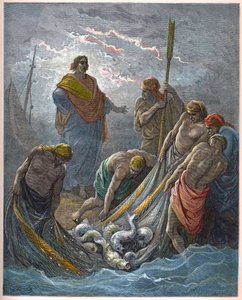 Mucizevi balık çekimi - Mucizevi Balıkçılık - - Gustave Dore (1832-1883) “The Bible illustree”deki gravür - “The Dore Bible”dan gravür by Gustave Dore
