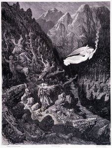 Elinde çantası ve sopasıyla düşman bir arazide yürüyen yaşlı adamın tepesinde, ateş hızıyla sallayan bir melek var, Levha VII - Gustave Dore
