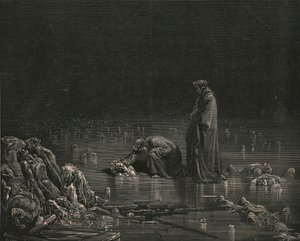 Sonra arka kafa derisini kavrayarak bağırdım: Adını söyle, yoksa bir saçın burada kalacak, c1890. by Gustave Dore
