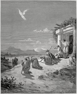 Tobias'ın ailesi, Melek Raphael'in ortadan kaybolduğunu görüyor by Gustave Dore