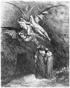 Virgil (70-19 BC) Dante ve Erinyes, Dante Alighieri (1265-1321) tarafından 'İlahi Komedya'dan (Cehennem) illüstrasyon, Paris, 1885 yayınlandı by Gustave Dore