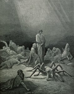 Virgil (MÖ 70-19) ve Dante örümcek kadına bakıyor, Dante Alighieri (1265-1321) tarafından 