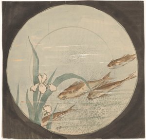 Beyaz bir irisin yanında yukarı doğru yüzen dört kahverengi balıklı bir tabak için tasarım by Gustave Fraipont (signed by artist)