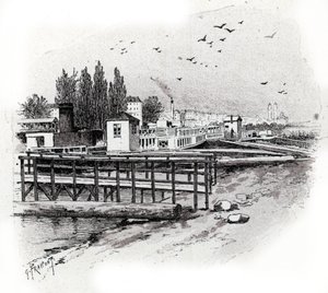 Paris'te Seine nehri üzerinde su otobüsleri (banliyö tekneleri) onarım atölyeleri Gustave Fraipont'un (1849-1923) çizimi, Saint-Judges'ın “La seine a travers Paris”inden alıntılar by Gustave Fraipont