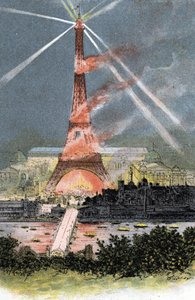 1889 Paris'teki dünya fuarında aydınlatılan Eyfel Kulesi Gustave Fraipont'un (1849-1923) çizimi, Saint-Juirs'in “La seine a travers Paris”inden alıntılar
