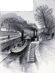 Hotel des Monnaie'nin önünde Seine nehri üzerindeki kilidin römorkörleri, Paris Saint-Juirs'tan Gustave Fraipont'un (1849-1923) çizimi by Gustave Fraipont