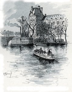 Quai Voltaire, Paris'ten Pavillon de Flore, Palais du Louvre'un görünümü (Paris Quai Voltaire'den Louvre sarayının Pavillon de Flore bölümünün görünümü) Saint-Juirs'den Gustave Fraipont'un (1849-1923) çizimi by Gustave Fraipont