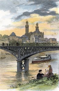 Paris'teki Passy yaya köprüsünün (şimdiki Bir Hakeim köprüsü) görünümü Saint-Juirs'tan Gustave Fraipont'un (1849-1923) çizimi