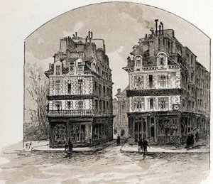 Paris'teki Pont-Neuf'un eski evlerinin görünümü (Pont Neuf köprüsündeki eski evler, Paris) Saint-Juirs'tan Gustave Fraipont (1849-1923) çizimi
