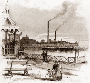 Paris'teki Javel rıhtımının görünümü, actuel quai André-Citroen (eski adıyla Javel rıhtımı olan Andre Citroen rıhtımının görünümü, Paris) Gustave Fraipont'un (1849-1923) çizimi, Saint- Jüriler