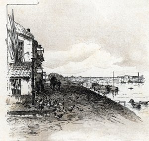 Rue des fauconniers yakınındaki rıhtımın görünümü Gustave Fraipont'un (1849-1923) çizimi, Saint-Juirs'in “La seine a travers Paris”inden alınmıştır. by Gustave Fraipont