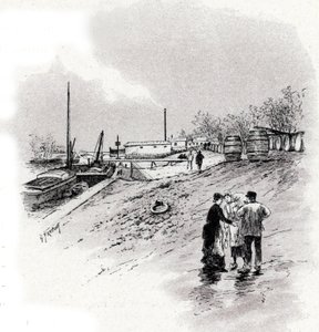 Seine nehri kıyılarının ve Saint-Bernard rıhtımının görünümü, Paris Gustave Fraipont'un çizimi (1849-1923), Saint-Juirs'in “La seine a travers Paris”inden alıntılar