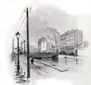 Saint Martin kanalındaki Valmy rıhtımı köprüsünün görünümü, Paris Saint-Juirs'tan Gustave Fraipont'un (1849-1923) çizimi by Gustave Fraipont