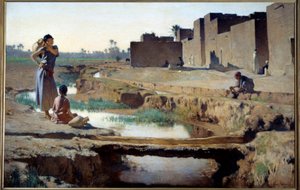 Oryantalizm: “” Biskra yakınlarındaki La Seguia””” Cezayir çölünde bir vahada nehirde su içen kadın ve çocuk. Gustave Achille Guillaumet (1840-1887) 1884 Güneş tarafından tablo. 1x1.5 m Paris, Orsay Müzesi