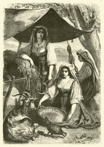 Yol kenarında arabacılara saman satan kadınlar, İtalya (gravür) by Gustave Janet