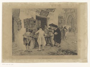 Adamlar bir kitapçı Les Bibliophiles'in (nesne üzerindeki başlık) sergisinin etrafında toplandılar. by Gustave Marie Greux