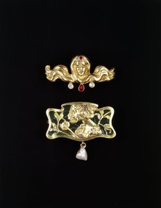 Gustave-Roger Sandoz imzalı Art Nouveau broş ve plise, günlük ve inci damla, altın renkli broş ve değerli taşlardan oluşan Art Nouveau broş şekilli metal set, c.1900 (altın renkli broşlar, değerli taşlar) by Gustave Roger Sandoz