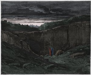 Inferno, Canto 3 : Virgil and Dante at the gates of Hell, illustration from The Divine Comedy by Dante Alighieri, 1885 (digitally coloured engraving) by Gustave after Dore