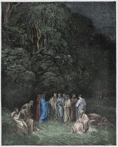Inferno, Canto 4 : Homer, the poets, and heroes in Limbo, illustration from The Divine Comedy by Dante Alighieri, 1885 (digitally coloured engraving)