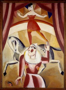 Sirk III Bir at üzerinde dengede bir akrobat Ecuyere ve bir sirk pistinde bir palyaço gösteri yapıyor. Gustave de Smet'in (1877-1943) 1926 Güneş tablosu. 1,3x1,1 m Grenoble, Musee des Beaux Arts Dikkat! Bu çalışmanın kullanımı üçüncü şahısların iznine 