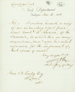 Mektup imzalı G.V. Fox, Donanma Departmanı, Washington