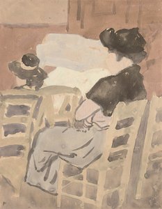 Kilisenin iç kısmında bir kadın ve genç bir kız (kağıt üzerine suluboya) by Gwen John