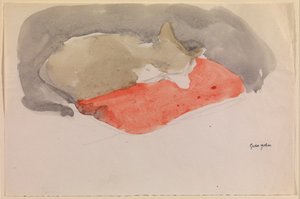 Kırmızı Yastık Üzerinde Uyuyan Kedi (kağıt üzerine guaj ve kurşun kalem) by Gwen John