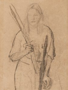 Elinde tahta direk olan duran kız (kalem ve kağıt üzerinde yıkayın) by Gwen John
