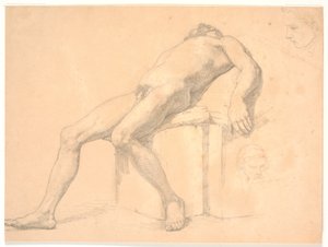 Erkek, çıplak, rahat model çalışması. T.h. iki portre kafası, bir muhtemelen Constantin Hansen
