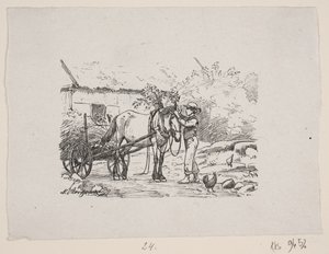 Bir çocuk bir at koşum takımını yeşil dallarla süslüyor. by H. C. Henneberg