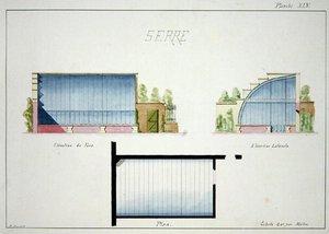 Klasik ve erken Belle-Epoque stillerinde orijinal çizimlerden oluşan bir folyodan, kavisli cam duvarları ve çatısı olan bir sera tasarımı, c.1870 (kağıt üzerine kalem ve mürekkep)