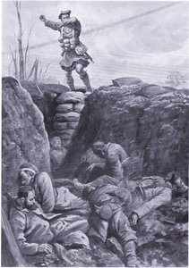 Er Brown (Gordon Highlander) düşmanı bir barikatın tepesinden bir Alman siperinde bombalıyor. (lito)
