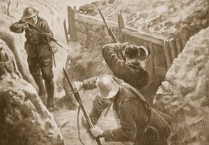 Er J. Hutchinson, bir Alman siperine saldırı düzenlerken iki Alman nöbetçiyi vuruyor by H. Ripperger