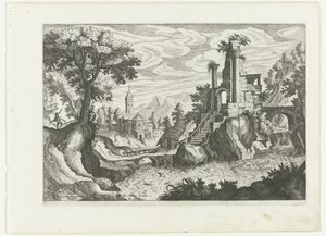 Bir nehir ve harabe ile manzara by H. van Schuppen