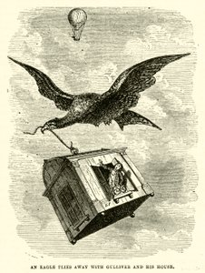 Bir kartal Gulliver ve eviyle birlikte uçup gidiyor (gravür) by after Hablot Knight Browne