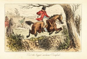 Alçak bir dalın altındaki taş duvarın üzerinden tehlikeli bir atlama yapan İngiliz avcı by after Hablot Knight Browne