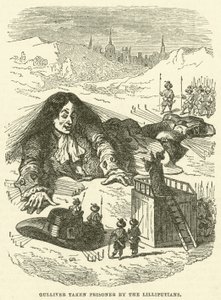 Gulliver, Lilliputians tarafından esir alındı (gravür)