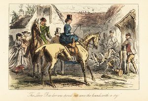Avcılar ve kadınlar, avdan önce tilki köpeklerinin ağıldan çıkışını izliyor by after Hablot Knight Browne