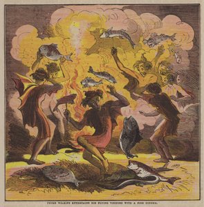 Peter Wilkins uçan ziyaretçilerini bir balık yemeği (renkli taş) ile eğlendirir by after Hablot Knight Browne