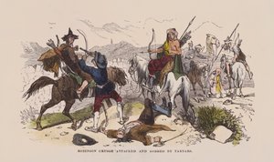 Robinson Crusoe, Tatarlar tarafından saldırıya uğradı ve soyuldu (renkli gravür) by after Hablot Knight Browne