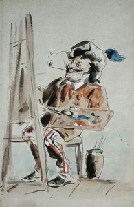 Bir sanatçının karikatürü (kağıt üzerine sulu boya) by Hablot Knight Browne