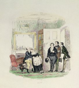 Bay Pickwick, arkadaşları tarafından kollarında Bayan Bardell ile bulunur, Charles Dickens (1812-70) 1837