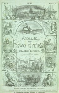 Charles Dickens'ın "İki Şehrin Hikayesi" kitabının serileştirilmiş kısımlardaki ilk baskısının ilk bölümünün başlık sayfası, 1859 by Hablot Knight Browne