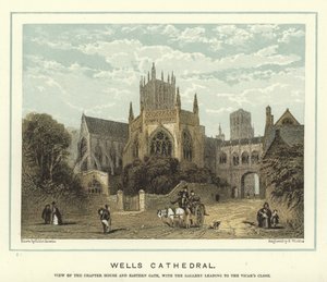 Cathedrale ya Wells, reba inzu yumutwe n irembo ryiburasirazuba, hamwe nubugeni bugana hafi ya Vicar by Hablot Knight Browne