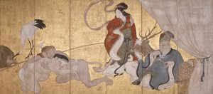 Seven Gods Of Good Fortune (mürekkep, kağıt üzerine renkli ve altın varak, altı katlı ekran) by Hanabusa Itcho