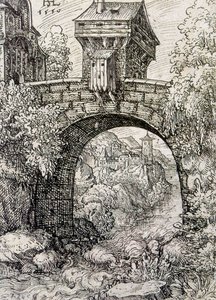 Köprü kapısı ve su ile kırsal, c.1550 (gravür)