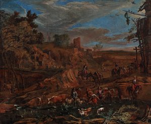 Ford ve sığır sürücü ile sonbahar manzarası by Hans (Johann Baptist) Graf