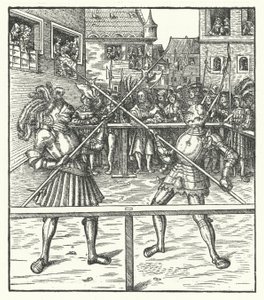 Avusturya Arşidükü Maximilian, bir teber kullanarak yaya olarak savaşıyor (gravür) by Hans (after) Burgkmair