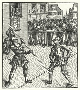 Avusturya Arşidükü Maximilian bir mızrak kullanarak yaya olarak savaşıyor (gravür) by Hans (after) Burgkmair